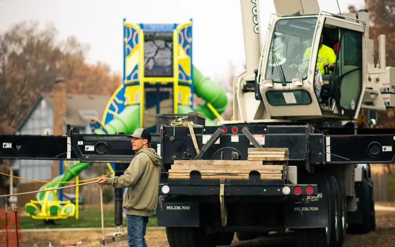 Crane lift during a playground install
